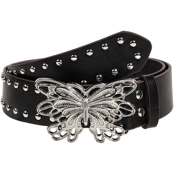 Byfri Openwork Butterfly Snap Buckle Black Punk Belts 120cm Belts for Women Evening Dress Jeans Outfit