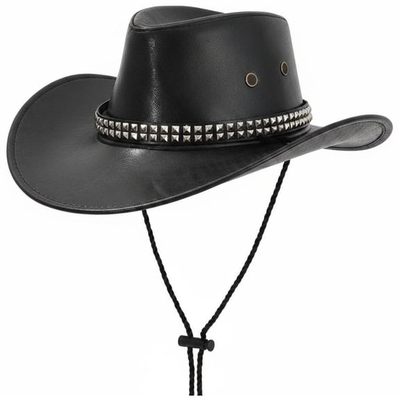 Byfri PU Leather Cowboy Hat Diamond Studs Punk Gothic Festival Black 56-58cm