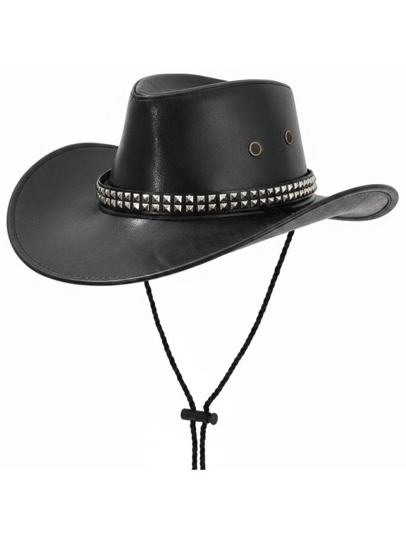 PU Leather Cowboy Hat Diamond Studs Punk Gothic Festival Black 56-58cm