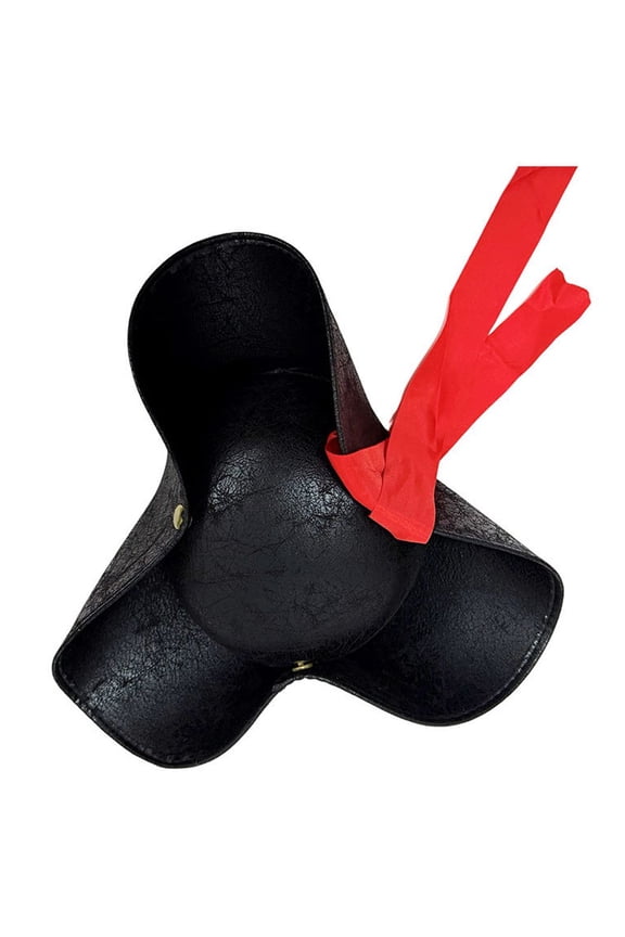PU Leather Tricorne Pirate Hat with Red Ribbon Colonial Style Party Hat One Size
