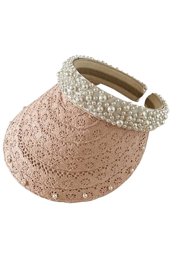 Pearl Decor Lace Brim Visor Hat Foldable Straw Sun Hat for Beach Travel Pink 54-60cm
