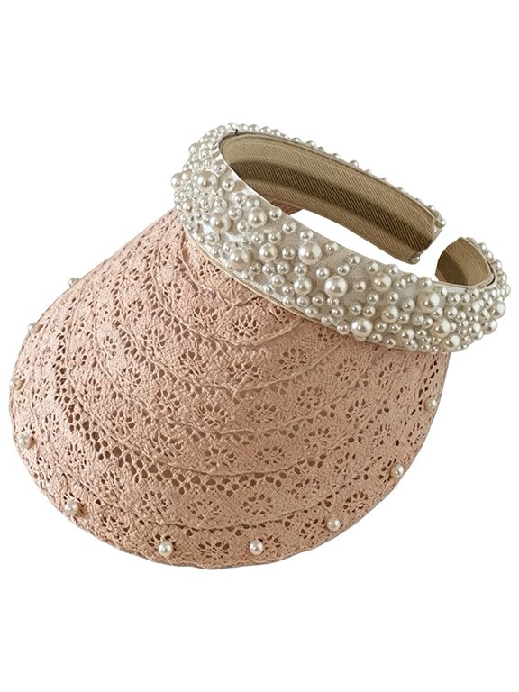 Pearl Decor Lace Brim Visor Hat Foldable Straw Sun Hat for Beach Travel Pink 54-60cm