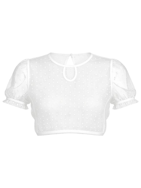 Polka Dot Mesh Puff Sleeve Crop Top, Sheer Bavarian Blouse for Women Oktoberfest, White M