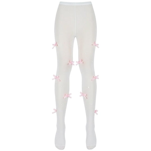 Byfri Polyester Bow Embroidered Sheer Tights Pink Kawaii High Waist One Size