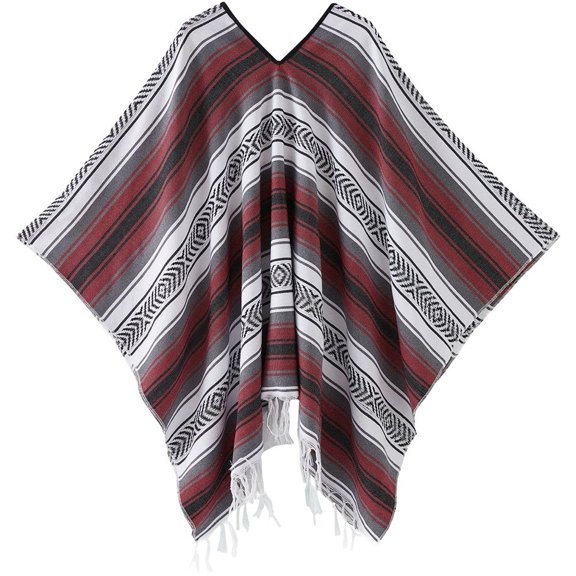 Byfri Polyester Cotton Mexican Blanket Poncho Shawl Wrap Burgundy Gray 130x170cm