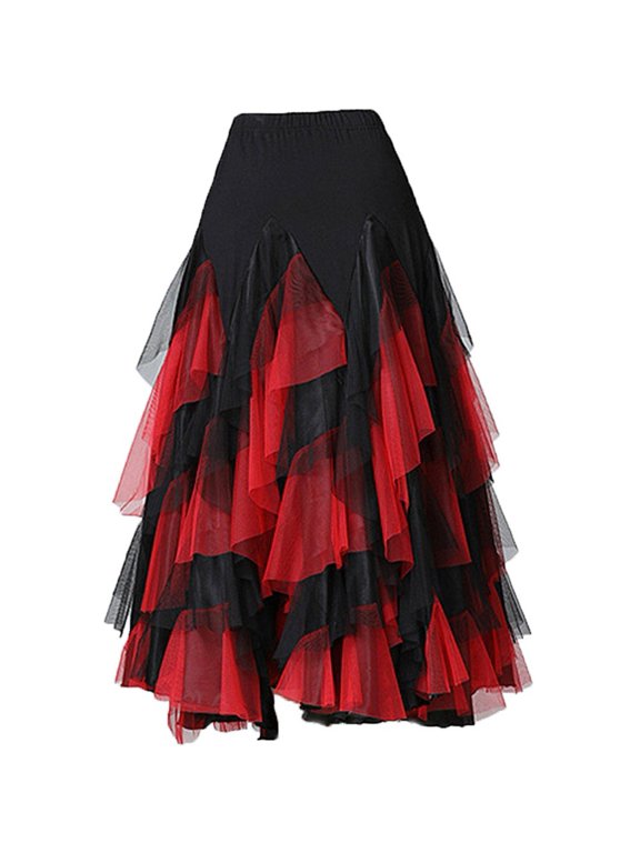 Red Spanish Flamenco Dance Skirt, Long Swing Ballroom Waltz Tango Costume, 87-90cm