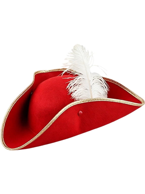Red Tricorn Pirate Hat with White Feather 56-58cm Felt Colonial Headwear for Themed Events