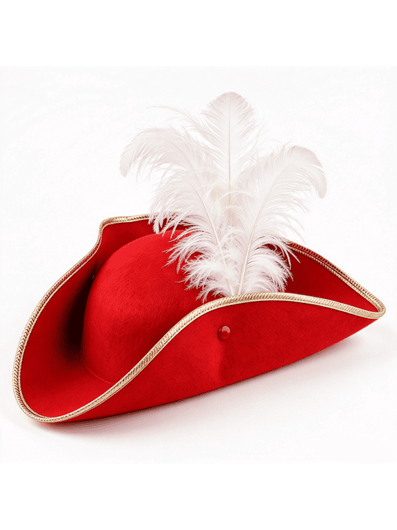 Red Tricorn Pirate Hat with White Feather Felt Colonial Headwear for Themed Events