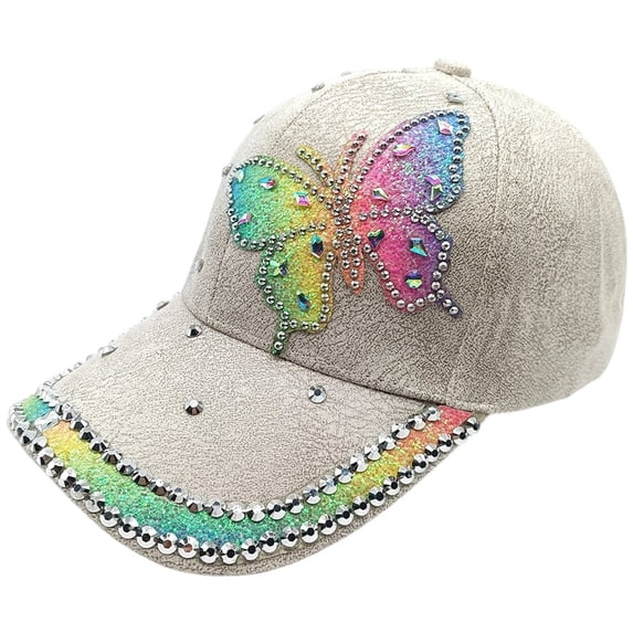 Byfri Rhinestone Butterfly Baseball Cap Bling Adjustable Sun Hat for Outdoor Sports Beige 56-58cm