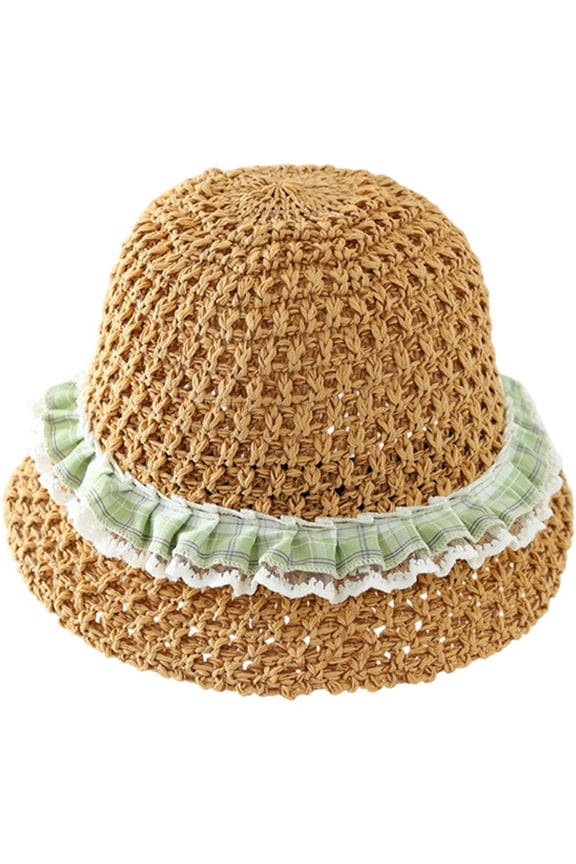 Ruffle Lace Trim Straw Bucket Hat Floppy Sun Cap for Beach Tea Parties 56-58cm