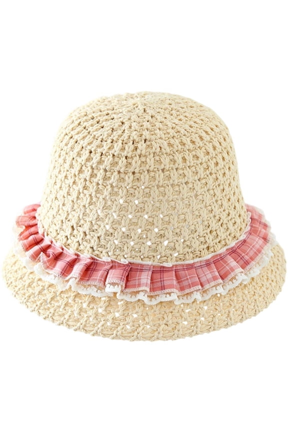 Ruffle Lace Trim Straw Bucket Hat Floppy Sun Cap for Beach Tea Parties 56-58cm