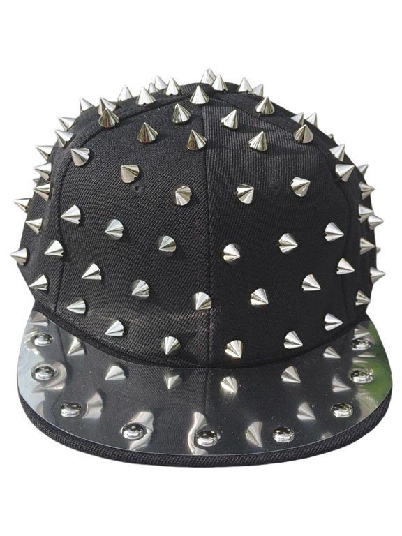 Silver Black Studded Baseball Cap 55-60cm Adjustable Flat Brim Hip Hop Hat for Street Dance Skateboarding