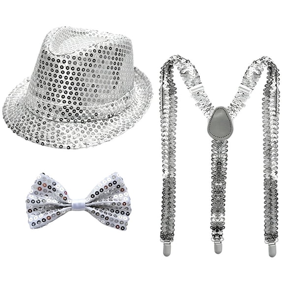Byfri Silver Sequin Fedora Hat Set with Suspenders Bow Tie, Sparkly Party Outfit for Men Women, Silver 60cm