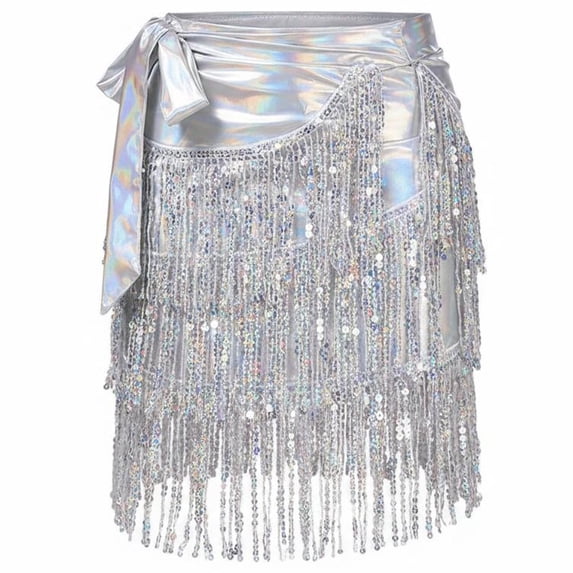 Byfri Silver Sequin Tassel Latin Dance Skirt, Sparkly Belly Dancing Wrap Costume for Performance, 100x54cm