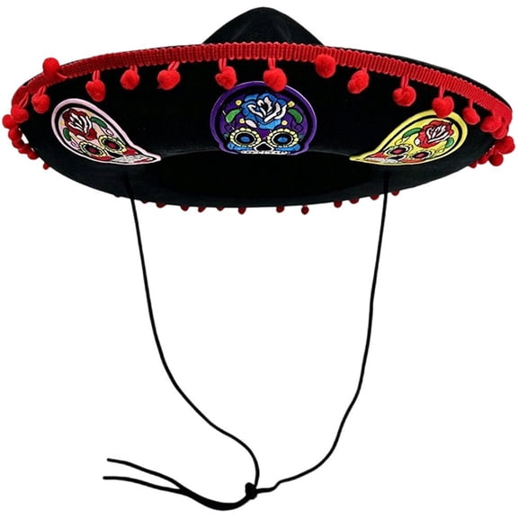 Byfri Skull Pattern Mexican Sombrero Hat Black Red 54-56cm Wide Brim with Pom Poms for Themed Parties