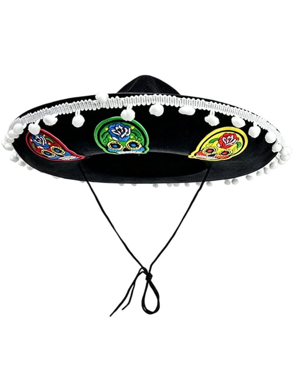 Skull Pattern Mexican Sombrero Hat Black White 54-56cm Wide Brim with Pom Poms for Themed Parties