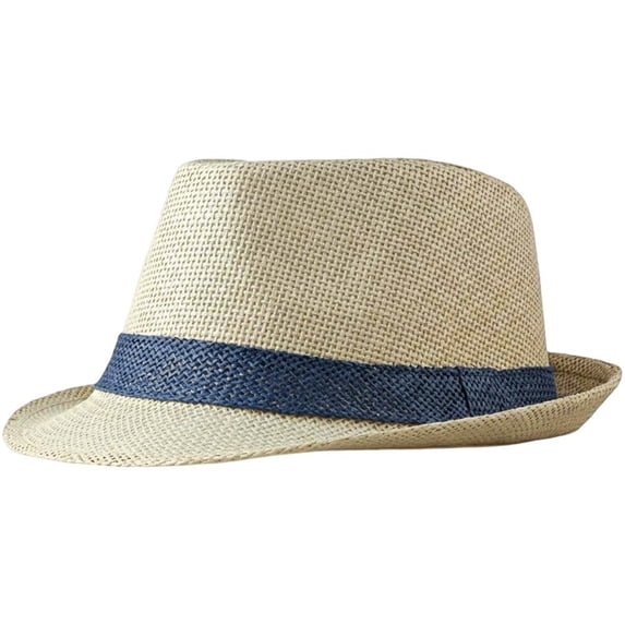 Byfri Straw Panama Jazz Hat Wide Brim Sun Fedora Hat for Beach Travel Beige + Blue 56-58cm