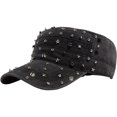 thumbnail image 1 of Byfri Studded Cadet Cap Black Cotton Adjustable Flat Top Hat for Men Women Streetwear, 1 of 7