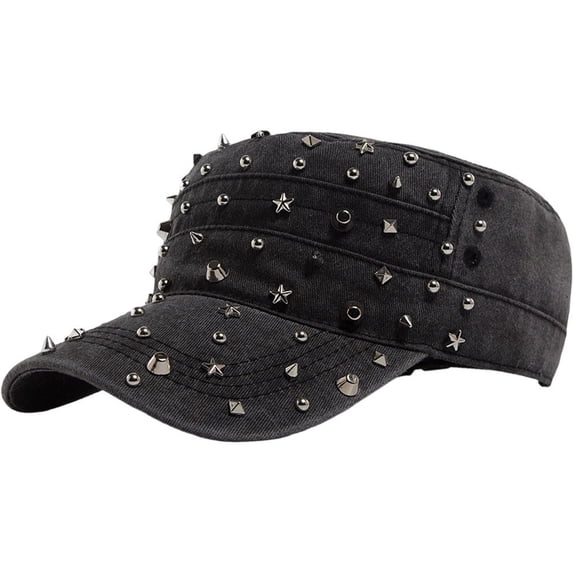 Byfri Studded Cadet Cap Black Cotton Adjustable Flat Top Hat for Men Women Streetwear