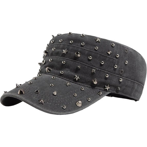 Byfri Studded Cadet Cap Gray Cotton Adjustable Flat Top Hat for Men Women Streetwear
