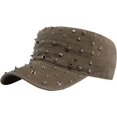 thumbnail image 1 of Byfri Studded Cadet Cap Khaki Cotton Adjustable Flat Top Hat for Men Women Streetwear, 1 of 7
