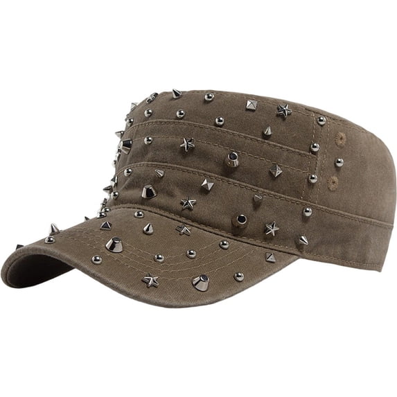 Byfri Studded Cadet Cap Khaki Cotton Adjustable Flat Top Hat for Men Women Streetwear
