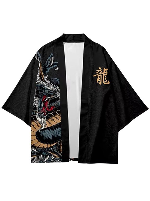 Unisex Dragon Print Haori Cardigan Harajuku Casual Japanese Style Top Size XL