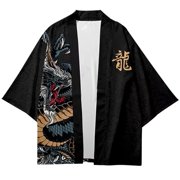 Byfri Unisex Dragon Print Haori Cardigan Harajuku Casual Japanese Style Top Size XL