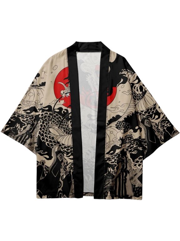 Unisex Dragon Print Open Front Cardigan Samurai Style Beach Blouse Size XL Black