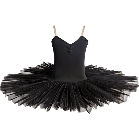 Byfri V Neck Camisole Ballet Tutu Dress, Women Swan Lake Dance Leotard for Stage Training, Black, S