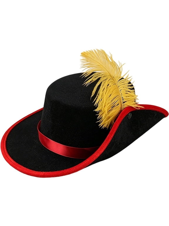 Vintage Felt Pirate Hat with Yellow Feather 56-58cm Colonial Tricorn Headwear for Themed Events