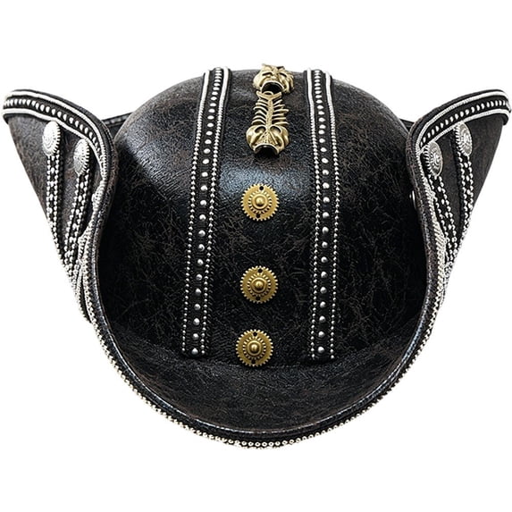 Byfri Vintage PU Leather Tricorn Pirate Hat Skeleton Gear Black 56-58cm