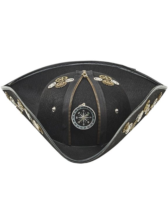 Vintage Pirate Triangle Hat Black 56-58cm Compass Decor Headwear for Themed Events