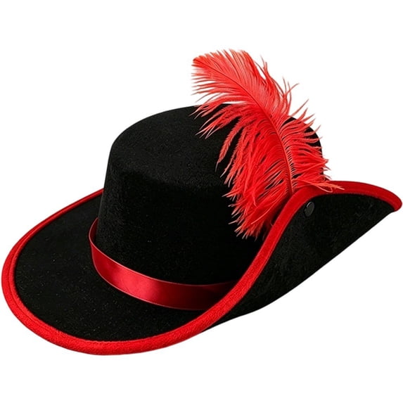 Byfri Vintage Felt Pirate Hat with Red Feather 56-58cm Colonial Tricorn Headwear for Themed Events