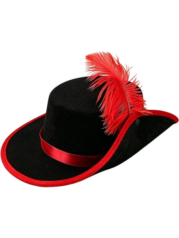 Vintage Felt Pirate Hat with Red Feather 56-58cm Colonial Tricorn Headwear for Themed Events