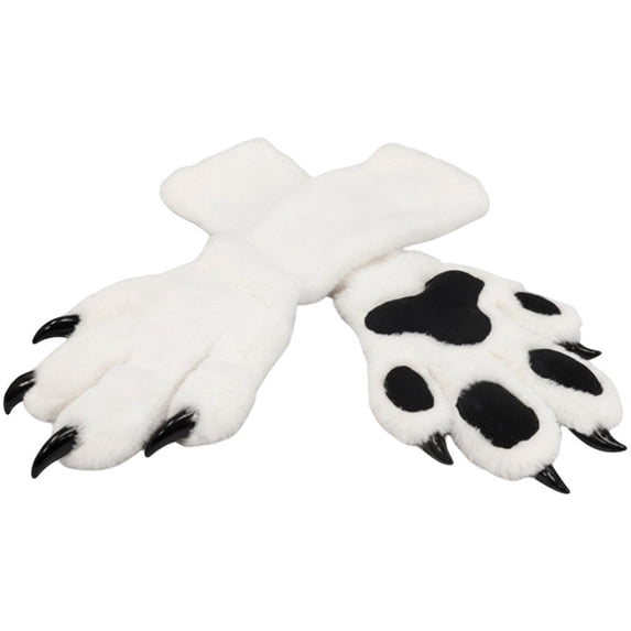 Byfri White Black Furry Animal Paw Gloves 40x15cm Warm Plush Mittens for Winter Festive Events