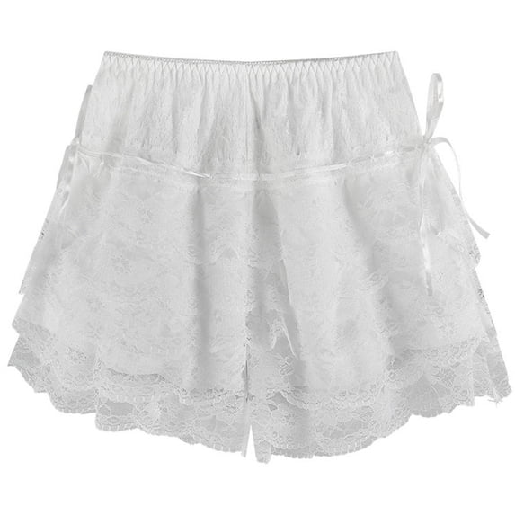 Byfri White Bow Lace Layered Ruffle Bloomers Shorts Women's Casual Safety Shorts One Size