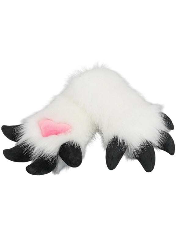 White Furry Dragon Paw Full Finger Mittens, Plush Anime Gloves for Themed Events, White 38x20cm