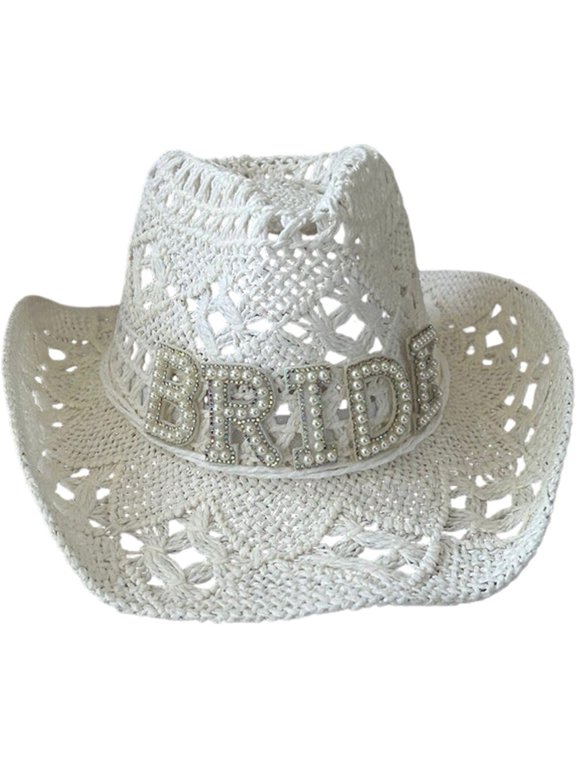 White Hollow Straw Bride Cowboy Hat with Faux Pearl Rhinestone for Bachelorette Parties 56-58cm