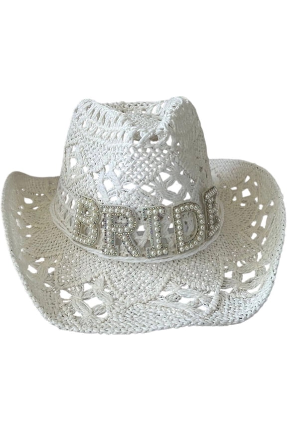 White Hollow Straw Bride Cowboy Hat with Faux Pearl Rhinestone for Bachelorette Parties 56-58cm