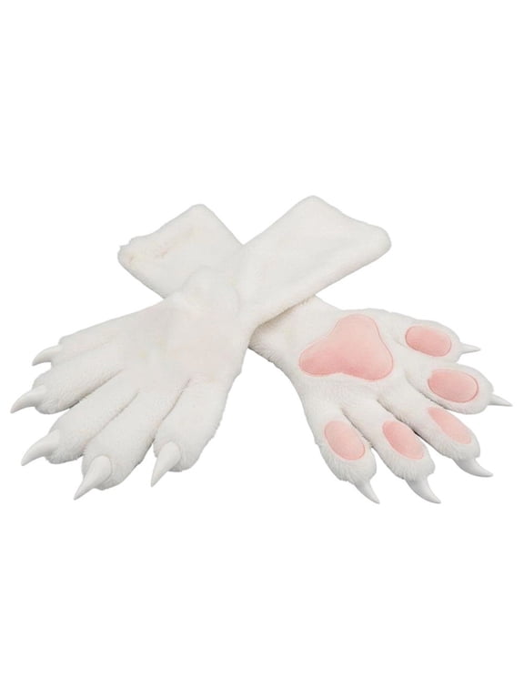 White Plush Cat Claw Gloves, Cartoon Kitten Paw Full Finger Mittens for Themed Events, White One Size 40x15cm