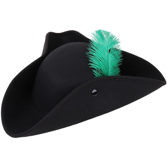 Byfri Wide Brim Pirate Hat with Green Feather Felt Tricorn Hat 56-58cm for Themed Parties