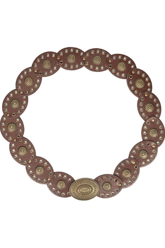Wide Western Riveted Disc Belt, Vintage Hollow Round Concho Waistband, Brown, 115cm for Women Dress Jeans