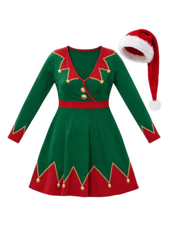 Women Christmas Elf V-Neck Short Dress Holiday Party Hat Set Green XL