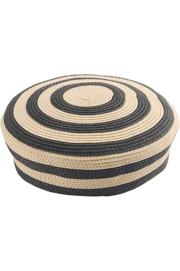 Woven Paper Straw Beret Hat French Style Sun Hat for Travel Vacation Black 56-58cm