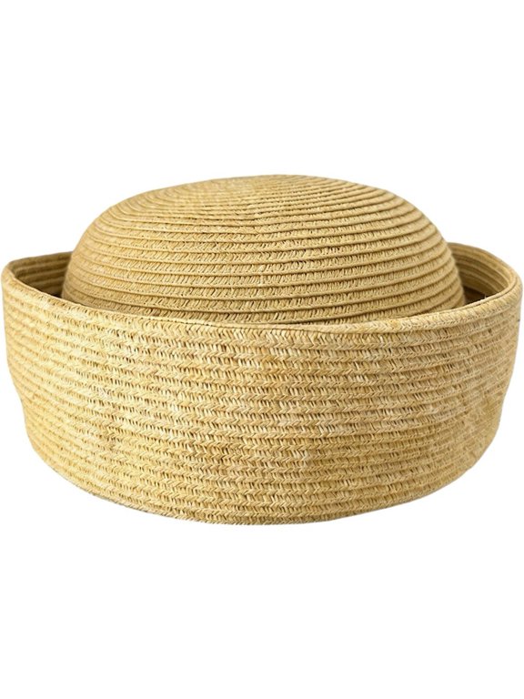 Woven Straw Pillbox Hat Rolled Cuff Brimless Beret for Daily Wear Light Khaki 56-58cm