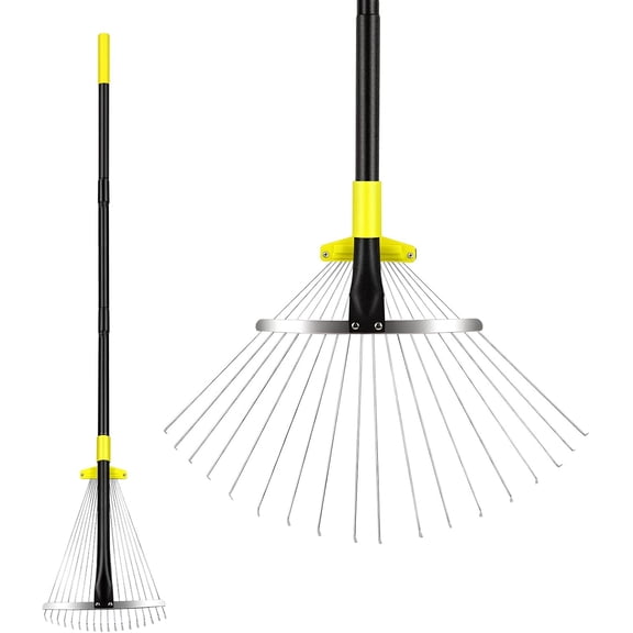 Byhargen Adjustable Metal Leaf Rake, Heavy Duty Garden Rake with Wide & Narrow Modes, Rustproof Steel Head, Handle for Lawn Care, Yard Clean Up, and Mulch Spreading