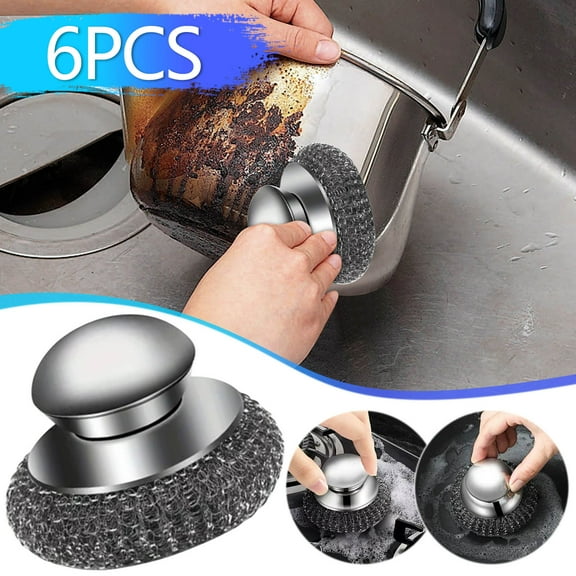 Stainless Steel Wool Scrubber Brush with Handle | 5 Replacement Pads | Rust-Resistant Detachable Cleaning Pads for Dishes Pots Stoves Sinks Grill | Heavy Duty Kitchen Scouring Tool | 2025 New