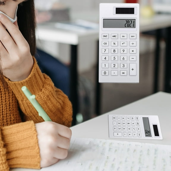 Solar Powered Mini Calculator 12-Digit Display | Portable Aluminum Alloy Pocket Calculator | Efficient Solar Energy Conversion - Slim Lightweight Design | Durable Rubber Keypad | White | 10.1x5x0.7cm
