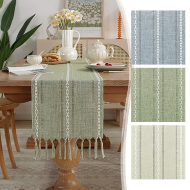 Byikun Hemstitched Table Runner Cottons Linen Table Runners Embroidered Striped Boho Table Runner Home Decor